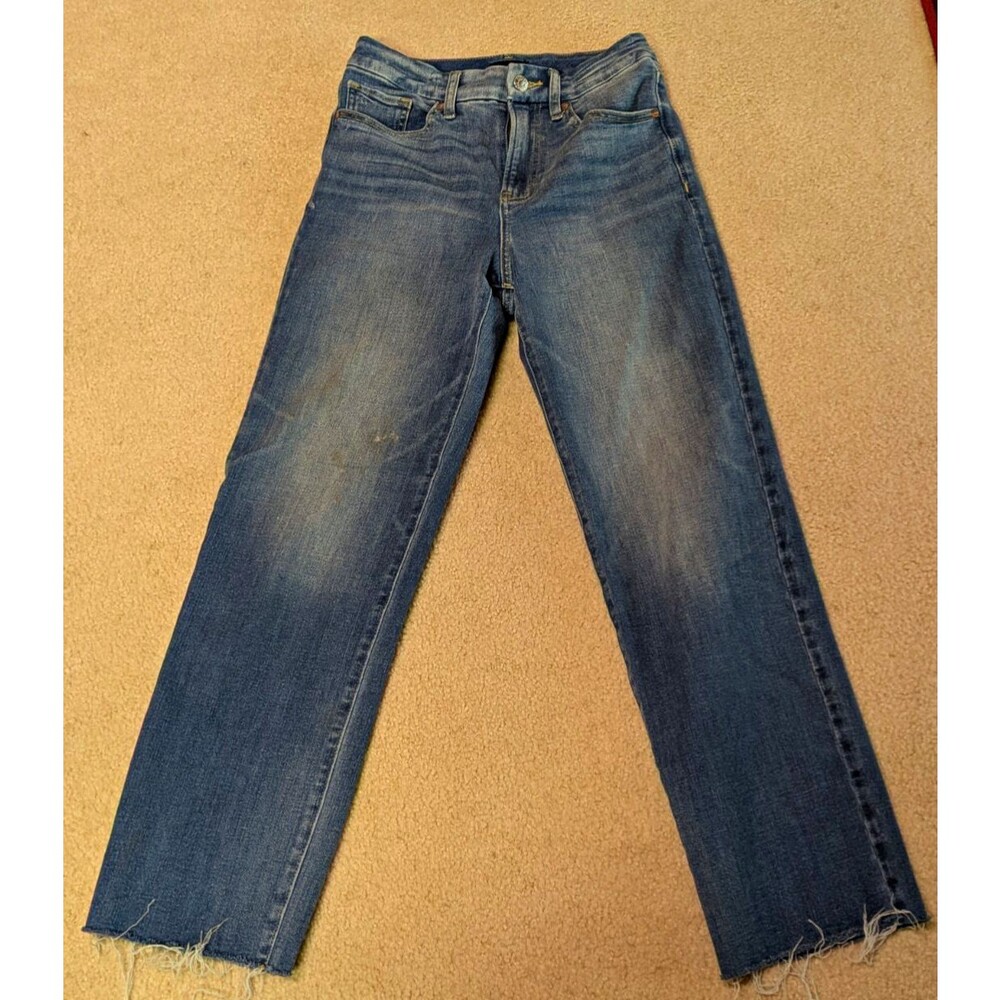 Express High Rise Straight Ankle Blue Stretch Denim Jeans Women’s S raw hem